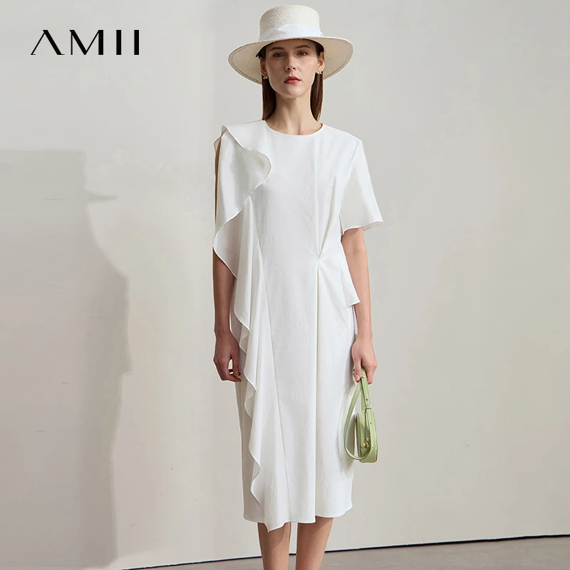 AMII Elegant Loose Dress Women 2025 Summer Office Lady Simple Lotus Wave Sleeve Irregular Elegant Party Midi Dresses 12552069