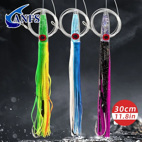 Imagen 2 del producto ANFS-señuelo de pesca curricán con cabeza de resina de 11,8 "", 1 señuelo de juego grande aparejado y listo para atún, Wahoo, pez espada y pez recortado
