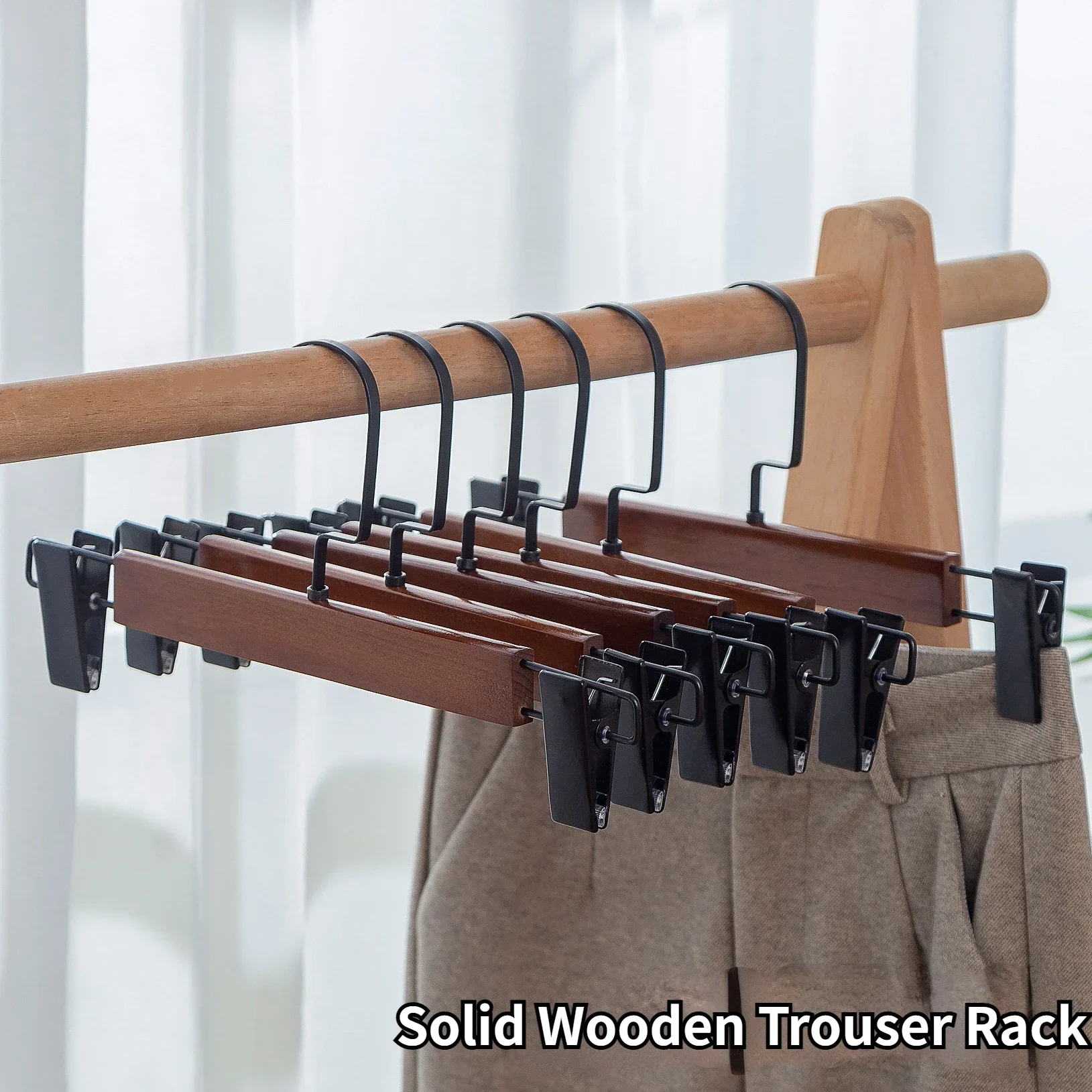 

10pcs Vintage Wooden Pants Hangers,Solid Trouser Racks with Adjustable Non-Slip Clips,Home Organizers Hanger for Dress Scarf