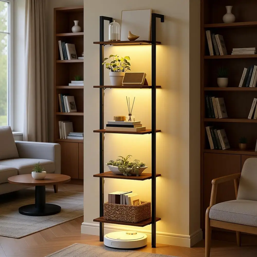 

5-Tier Wall-Mounted Ladder Bookshelf with LED Light, Suitable for Living Room, Bedroom, or Office, Rustic Brown
