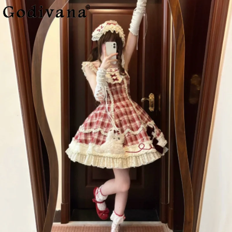 Summer Red Plaid Lolita Cute Slash Neck Jsk Suspender Dresses Fashion High Waist A-line Versatile Age Reduction Princess Dress