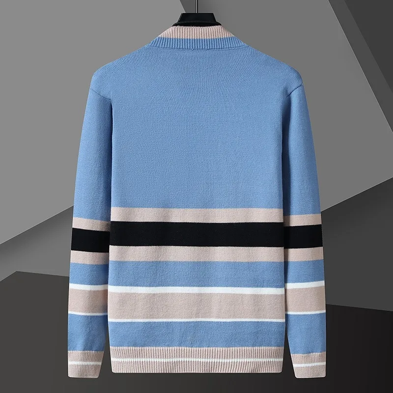 العصرية مخطط الجاكار سترة متماسكة الرجال الخريف الشتاء طويلة الأكمام ياقة سليم عادية محبوك سترة سترة الرجال الملابس #3