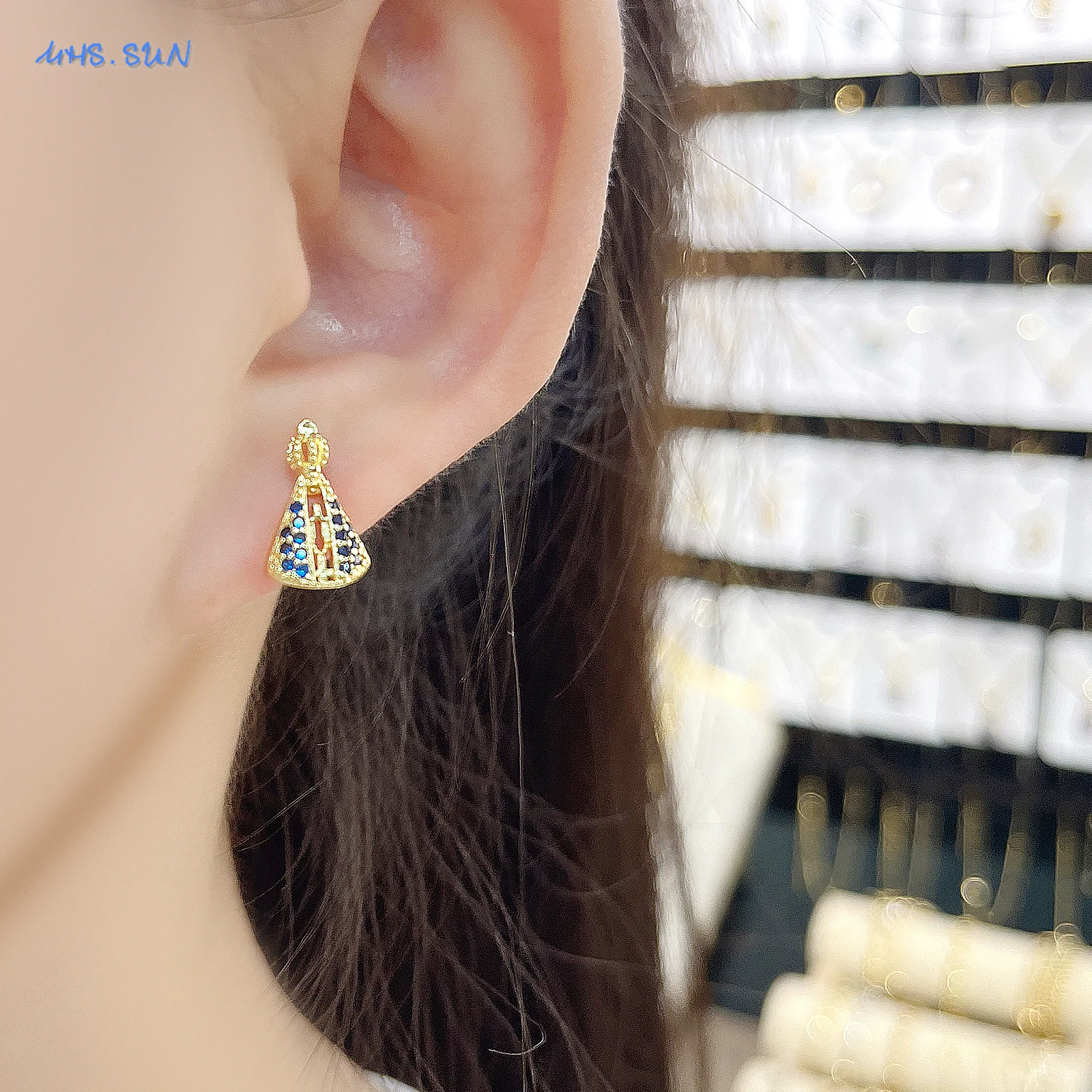 MHS.SUN Zircon Virgin Mary Portrait Stud Earrings for Women Exquisite Gold Plated Santa Maria Earring Religion Jewelry Gift