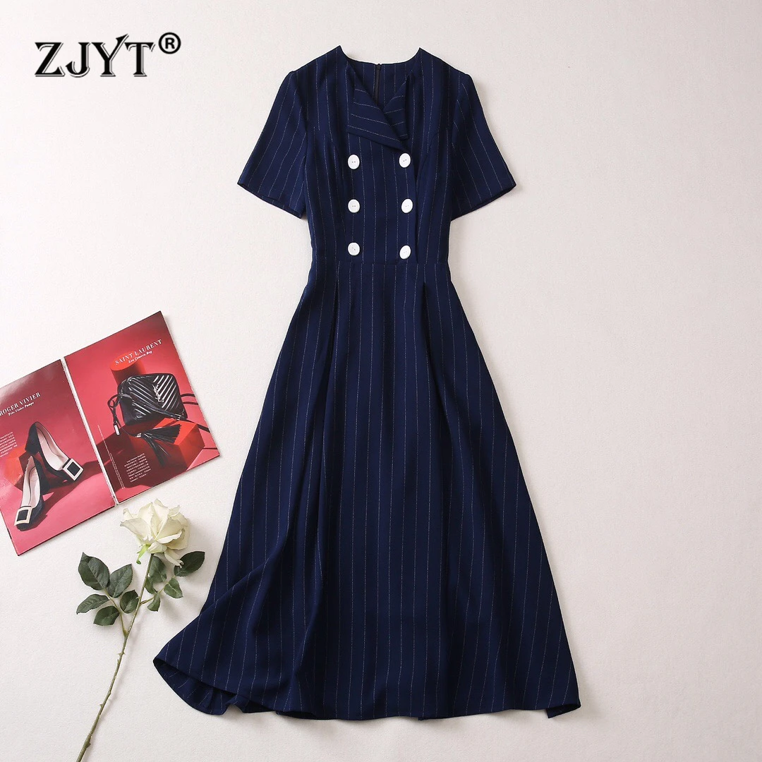 

ZJYT Fashion Women's Short Sleeve Striped Print Midi Dress Vestidos Para Mujer Summer Elegant Party Dresses Blue 2025 Runway