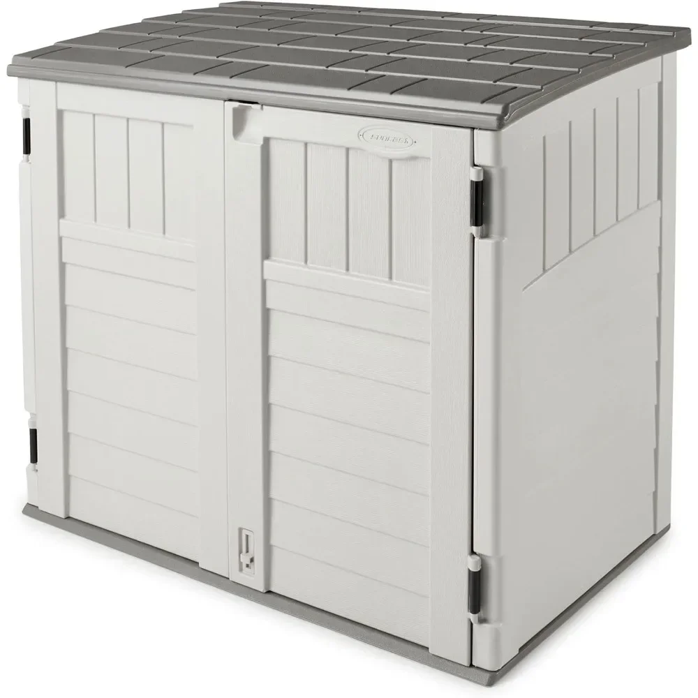 Used for trash cans, garden accessories, backyard and yard use, vanilla, 34 cubic feet capacity horizontal outdoor storage shed