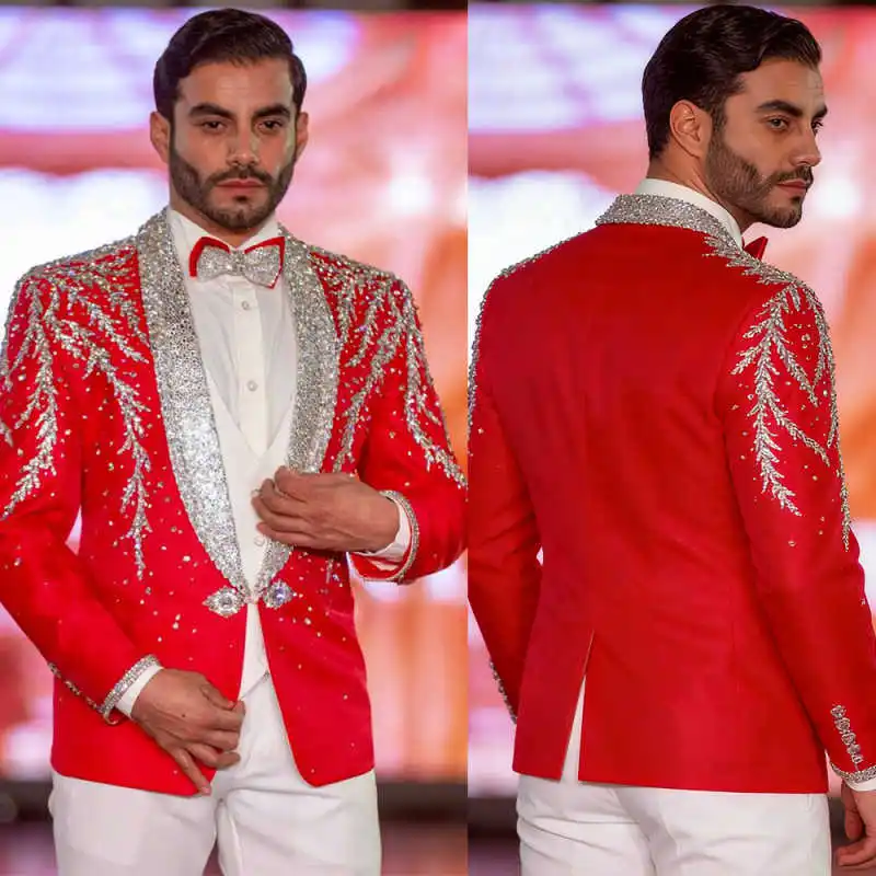 

Блестящие свадебные смокинги для жениха, комплект из 2 предметов, приталенный пиджак, брюки, шаль с лацканами и кристаллами, стразы, формальные мужские костюмы для выпускного вечера, банкета