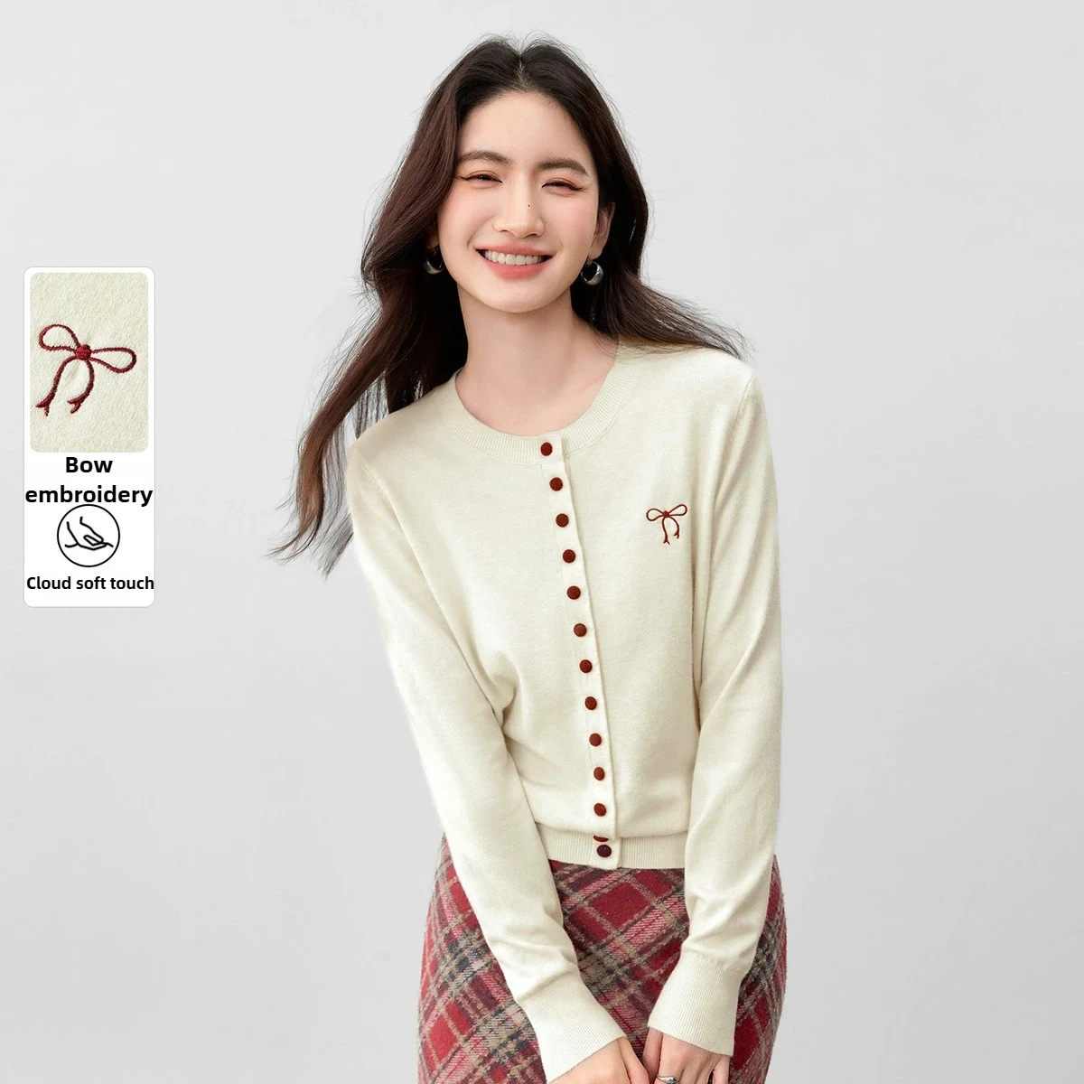 

SENTUBILA элегантный вязаный свитер женский осенний контрастный вышитый кардиган с длинными рукавами мягкий восковой топ W53HE3393