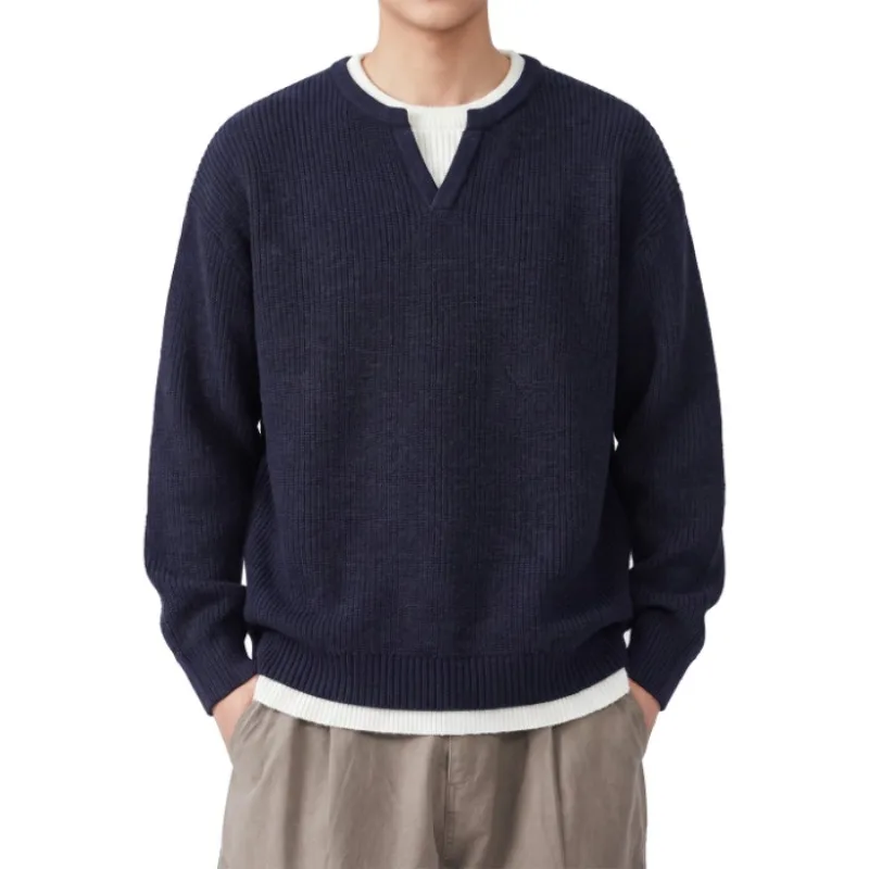 Men Thickened Knit Pullover Fake Two Piece Henry Collar Sweater Warm Casual Lazy Style Loose Winter Outerwear