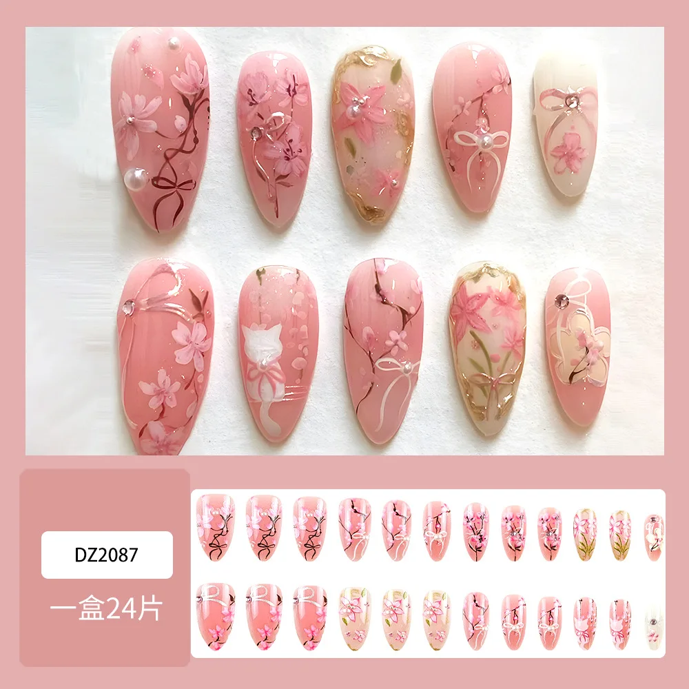 24개 스윗 핑크 플라워 프레스온 네일즈, 핑크 블러쉬 아몬드 모양 인조 네일, 여성용 웨어러블 재사용 가능 패션 한국 스타일 네일