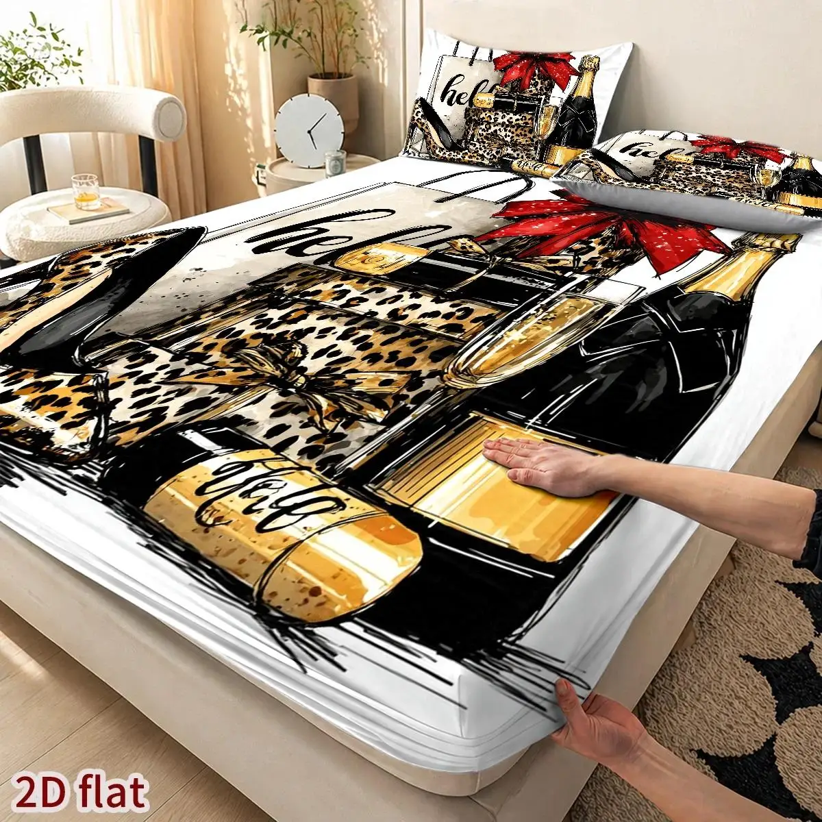 Leopard Print Fashion Design, Hand-Drawn Illustration Style, 2D Digital Print Three-Piece Bedding Set (Includes 1 Fitted Sheet + 2 Pillowcases), Mattress Protector, Fitted Sheet Style, Elastic Cover, Mattress Protector, Must-Have for Ambiance, Suitable for All Seasons, Machine Washable Design, Holiday Decoration, Various Sizes, Breathable Protector with Pillowcase