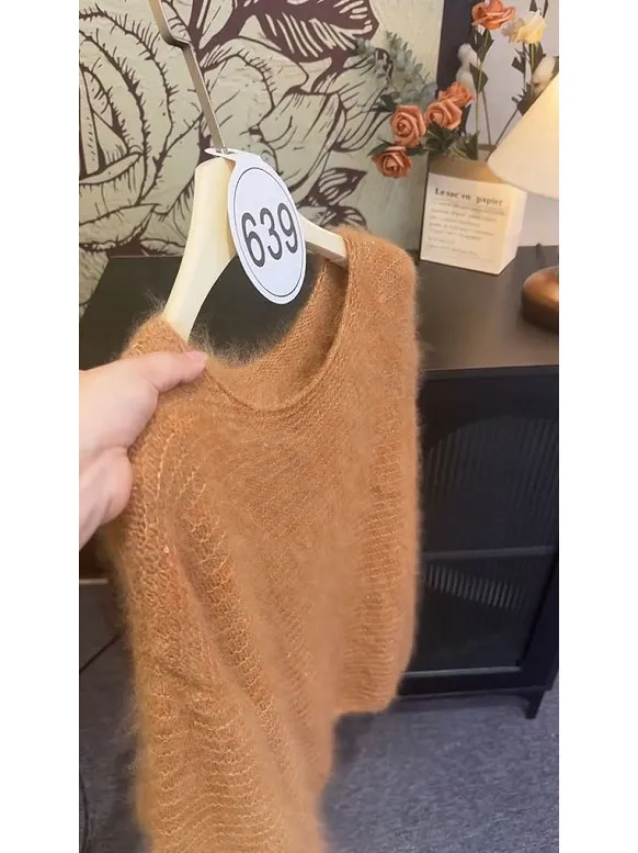 plus Size Lazy Style Hollow out Knitted Sweater Women's round Neck Long Sleeve Slimming Versatile Top Casual Loose Fit