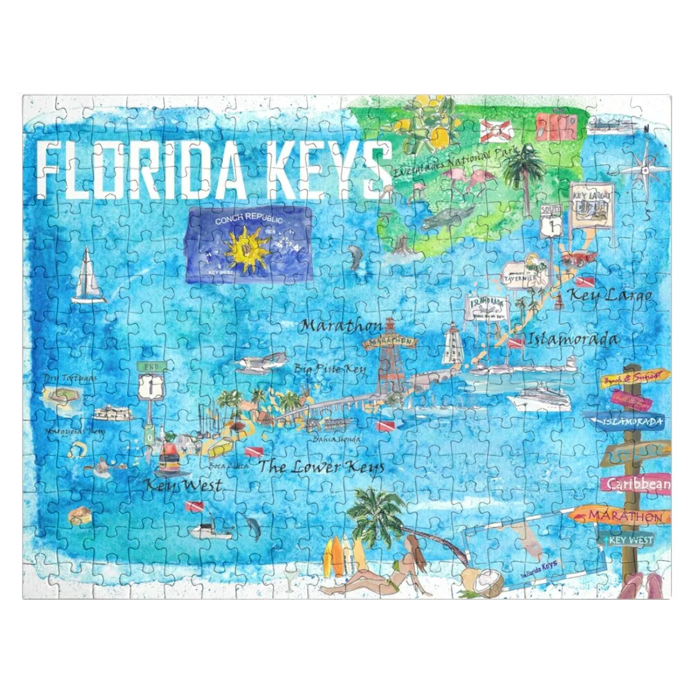 Florida Keys Key West Marathon Key Largo Illustrated Travel Poster Favorite Map 2nd Signpost Edition Jigsaw Puzzle Scale Motors