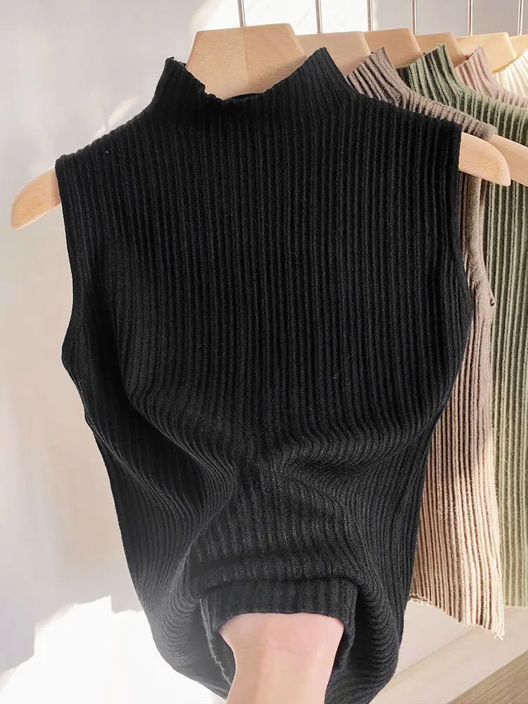 2024 Summer New Half-turtleneck Knitted Inner Vest Women\'s Sleeveless Thin Base Shirt Style Top