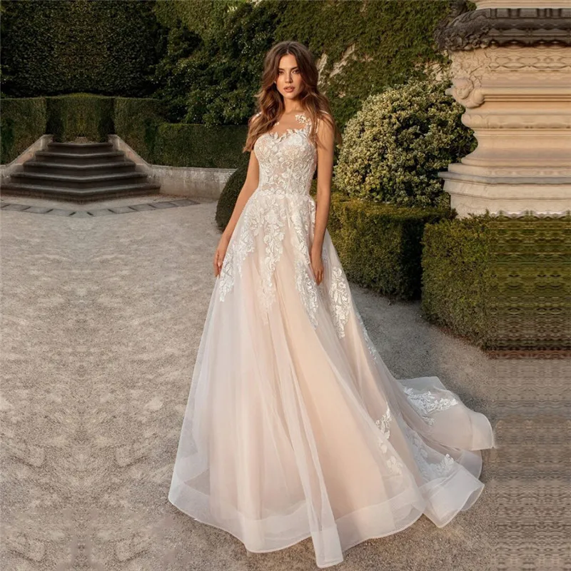 

VENSANAC Illusion O Neck Tulle Ruffles Sweep Train Wedding Dress Lace Appliques A Line Backless Bridal Gowns