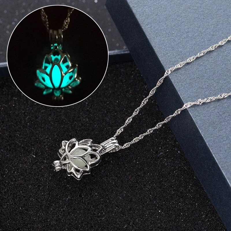 Luminous Lotus Flower Necklaces Women Men Fluorescent Stone Pendant Alloy Chain Necklace Healing Yoga Pendants Jewelry Gifts