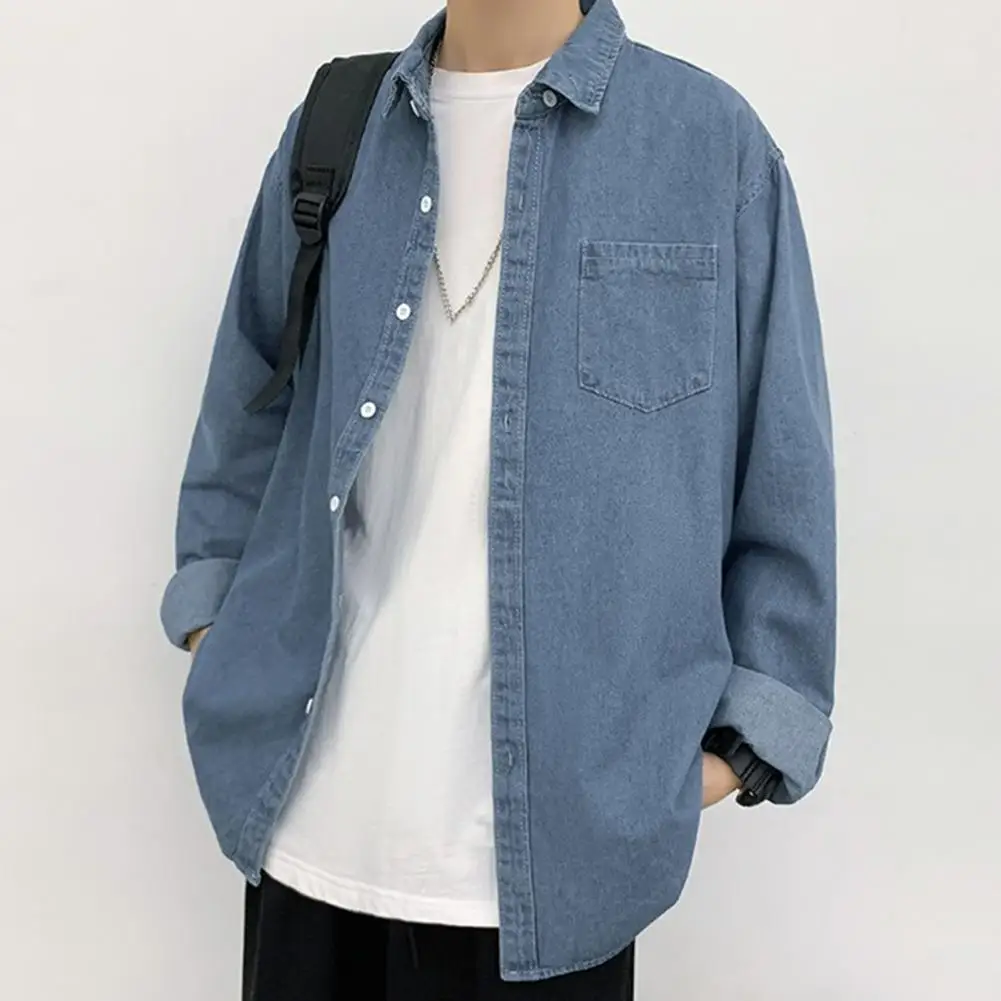 Men Denim Shirt Denim Shirt Outerwear Stylish Men\'s Denim Jacket with Turn-down Collar Chest Pocket Casual Spring for School