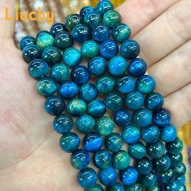 Natursteinperlen in Blau-Mischfarben mit Tigeraugen-Effekt für Schmuckherstellung, DIY-Armbänder, Zubehör, 15 Fuß, Großhandel, 6/8/10/12mm – Detail 5