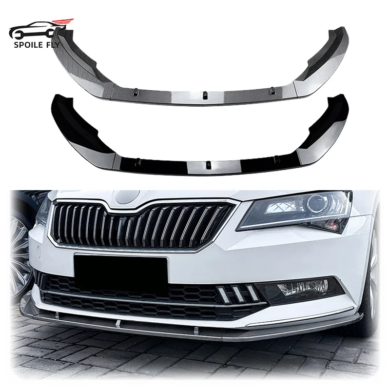 

3X 2016 To 2019 For VW Skoda Superb B8 Car Front Bumper Lip Spoiler Lower Blade Splitter Body Kit ABS Gloss Black Carbon Fiber