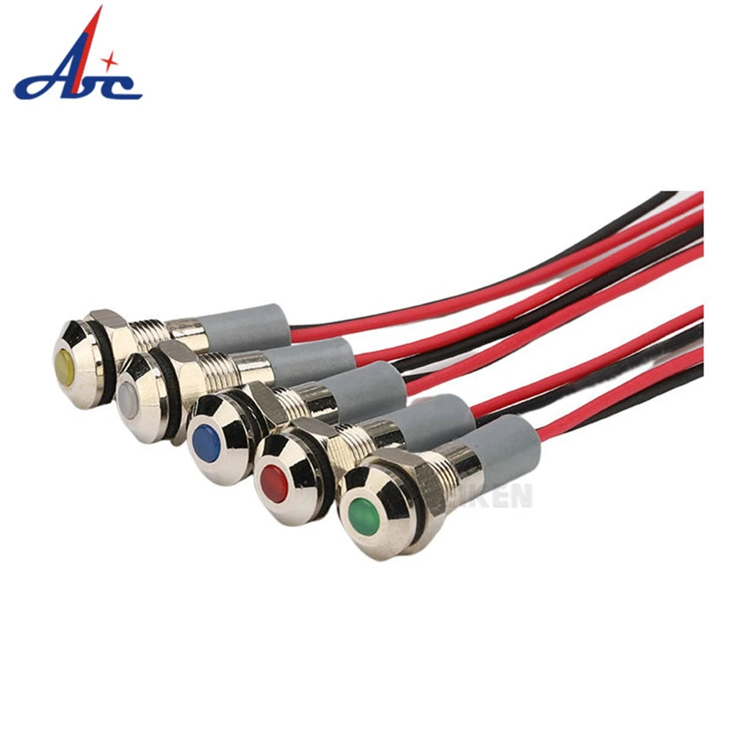 20PCS/Lot 6MM Flat Head Metal Indicator Light 3-6V/12-24V/110V/220V LED Industrial Light with 150MM Cable Signal Pilot Lamp