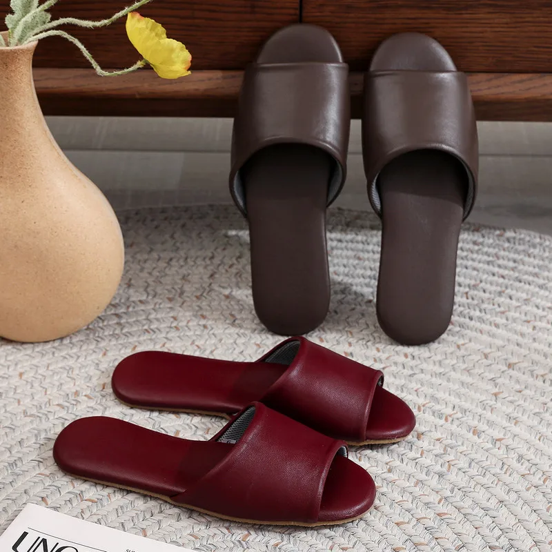 Cow Leather Slipper Womens Open Toe Slide Breathable Men Indoor Shoes