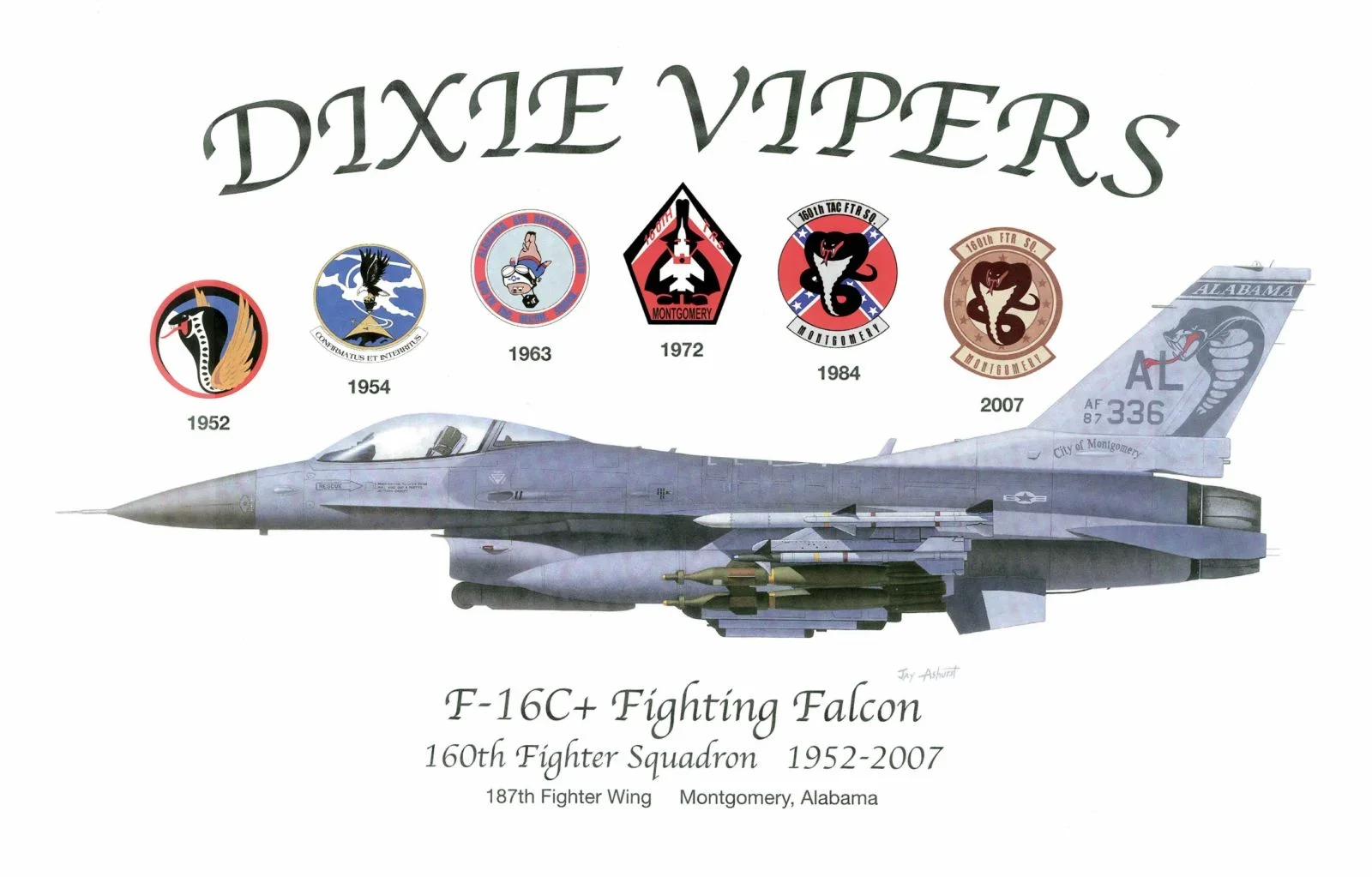 160th Fighter Squadron 187th Fighter Wing Dixie Vipers F-16C Fighting Falcon T-Shirt Short Sleeve Casual 100% Cotton T-shirt New