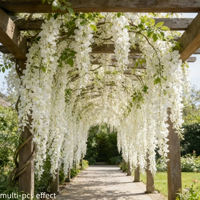 Artificial White Wisteria Fake Flowers - Realistic White Green Blossoms, Durable Plastic Hanging Ivy, for Wedding Decor Arches