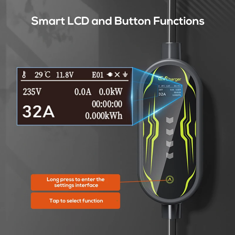 

Портативное зарядное устройство для электромобилей 3,6 кВт, 7 кВт, 16a/32a, тип 1, кабель для зарядки электромобиля с ЖК-экраном для Tesla Nissan Chevrolet Bmw