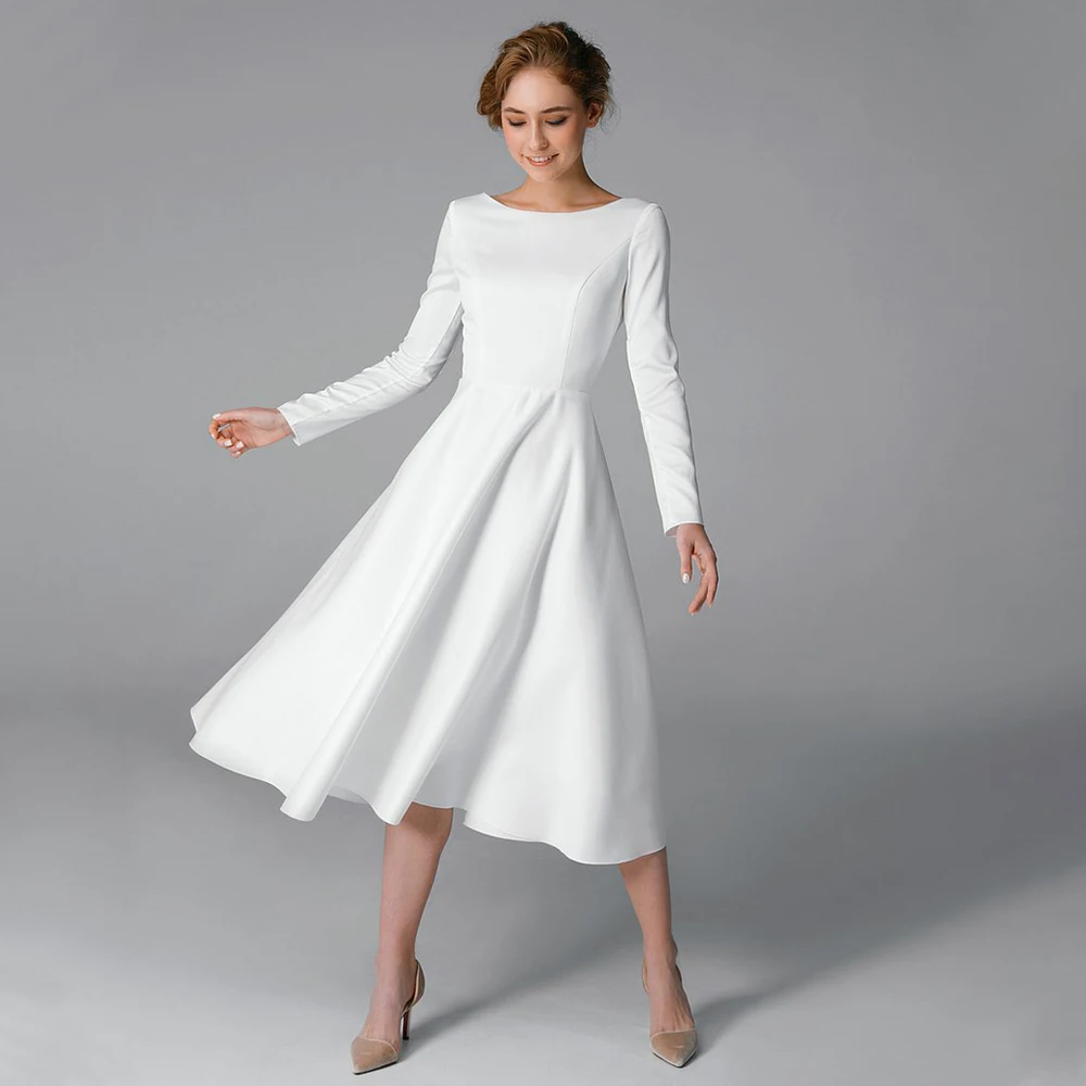 

Wedding Dress Midi A Line Long Sleeves O Neck Short Wedding Gowns for Women 2023 Bride Tea Length Simple Bridal Dresses White