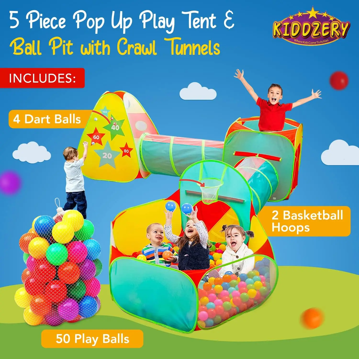 Tente de jeu pour enfants, 5 pièces, avec fosse à balles, tunnel rampant, maison de jeu intérieure et extérieure, salle de sport dans la Jungle, jouets pour garçons et filles, inclus