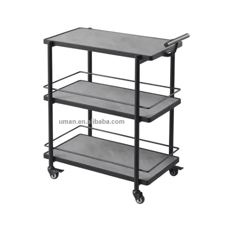 for  Hotel Bar Restaurant Three Tier Wooden Serving Cart Hand Push Storage Trolley   Beverage Display Rack
