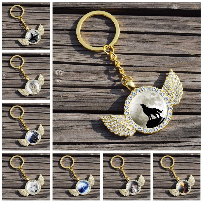 Wolf Howling The Moon Keychain Gold Color Rhinestone Glass Key Chain Wolf Head Keyring Keyholder Men Fashion Dropshipping