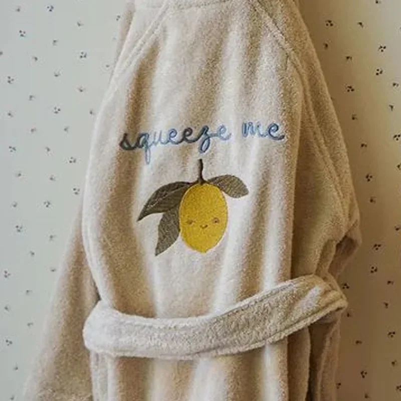 2024 KS New Baby Boys Girls Flannel Bathrobe Towel Children\'s Cherry Lemon Embroidery Pure Cotton Hooded Bath Towel Pyjamas