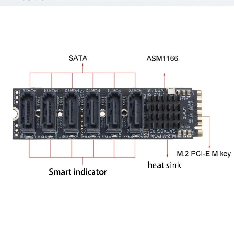 PH516 M2 NVME to Sata 3.0 6 Ports Adapter Converter Card ASM1166 Chip with Aluminum Alloy Heasink for Sata SSD Expansion