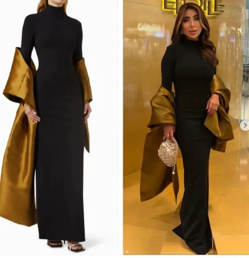 

Romantic Black High Neck Saudi Arabia Prom Dresses Mermaid Evening Dresses Ruffle Long Sleeves Formal Occasion Party Gowns