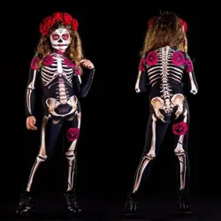 Girls Skeleton Ghost Bride Theme Party Costume Women's Printed Bone Rose Long Sleeve Jumpsuit Party Halloween Cosplay  Costume
