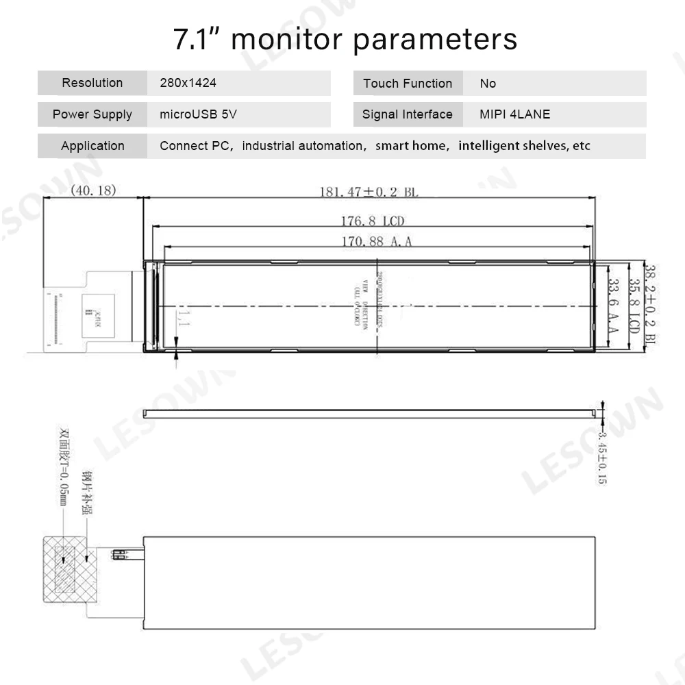 LESOWN ЖК-дисплей с длинной полосой, тонкий экран 7,1 дюйма, 280x1424 IPS, HDMI 400 кд/м2, интерфейсный модуль MIPI 4LANE с платой драйвера