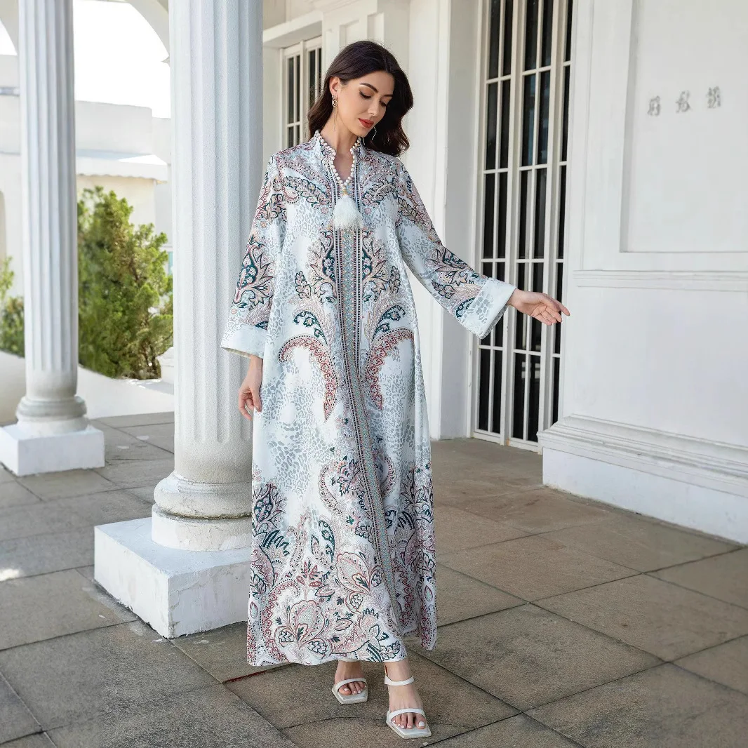 Sw1104 มุสลิมสตรี Robe พิมพ์เพชร Studded ลูกปัดอาหรับชุด Abayas Robe Abaya Ramadan ดูไบหรูหราอิสลาม Elegant