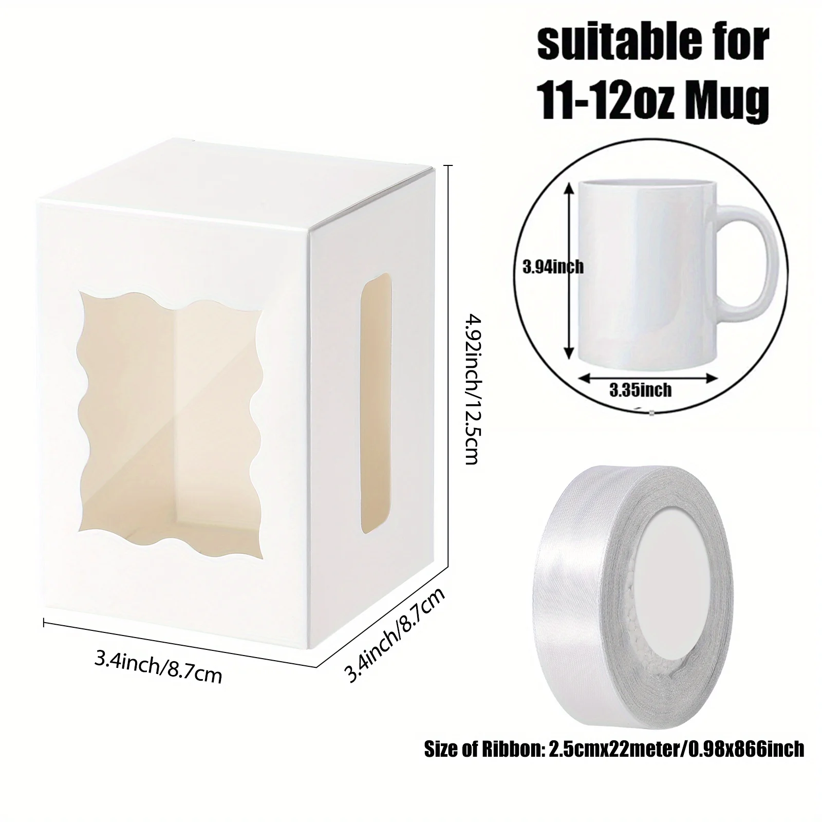 12Pcs Mug Gift Boxes with 1 Roll Ribbon, Transparent Gift Packaging Box for Wrapping 11-12oz Blanks Sublimation Mugs, Wine Mugs