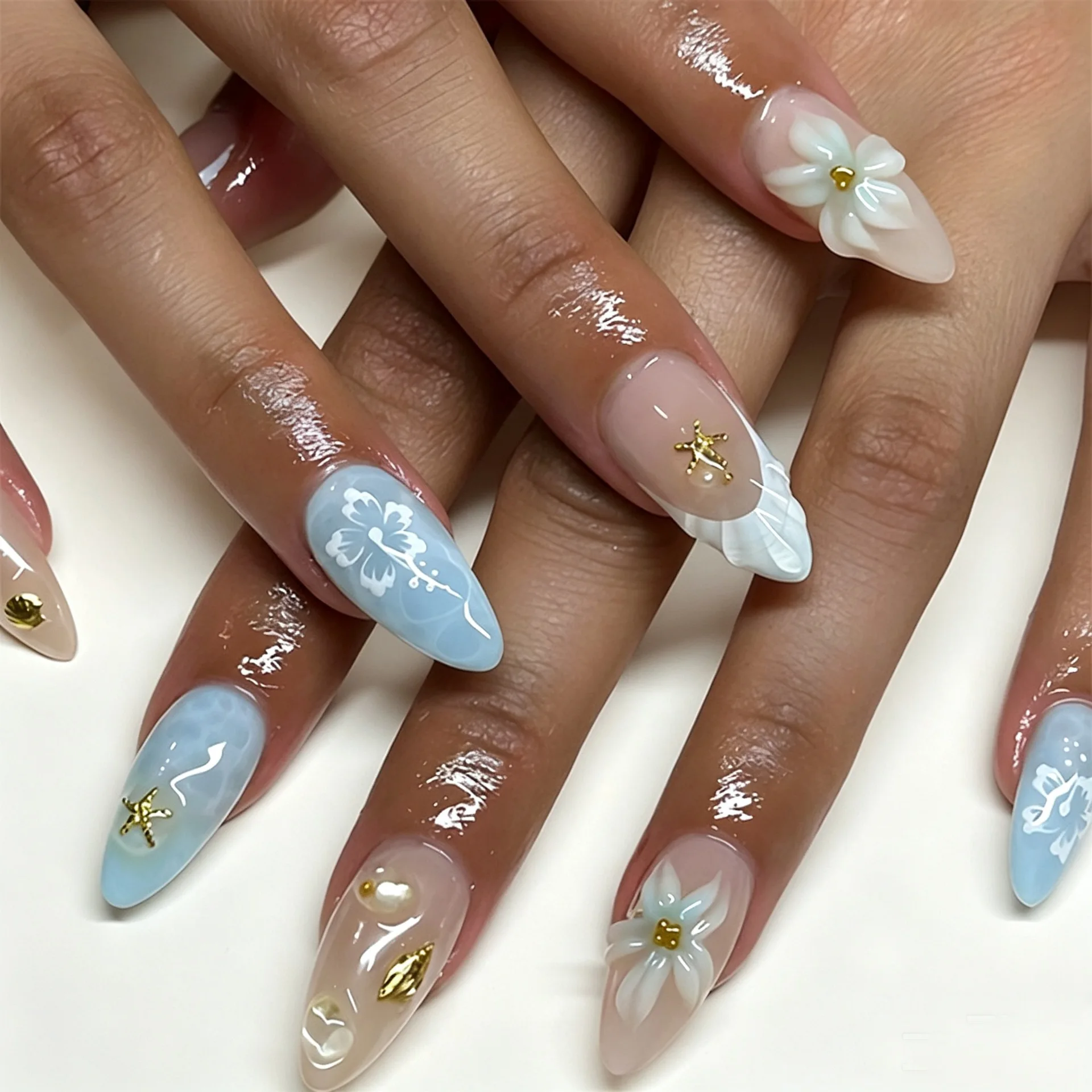24Pcs Press On Nails Blue Nude Pink Gradient 3D Flower Star Shell Texture Long Stiletto Full Cover Fake Nails