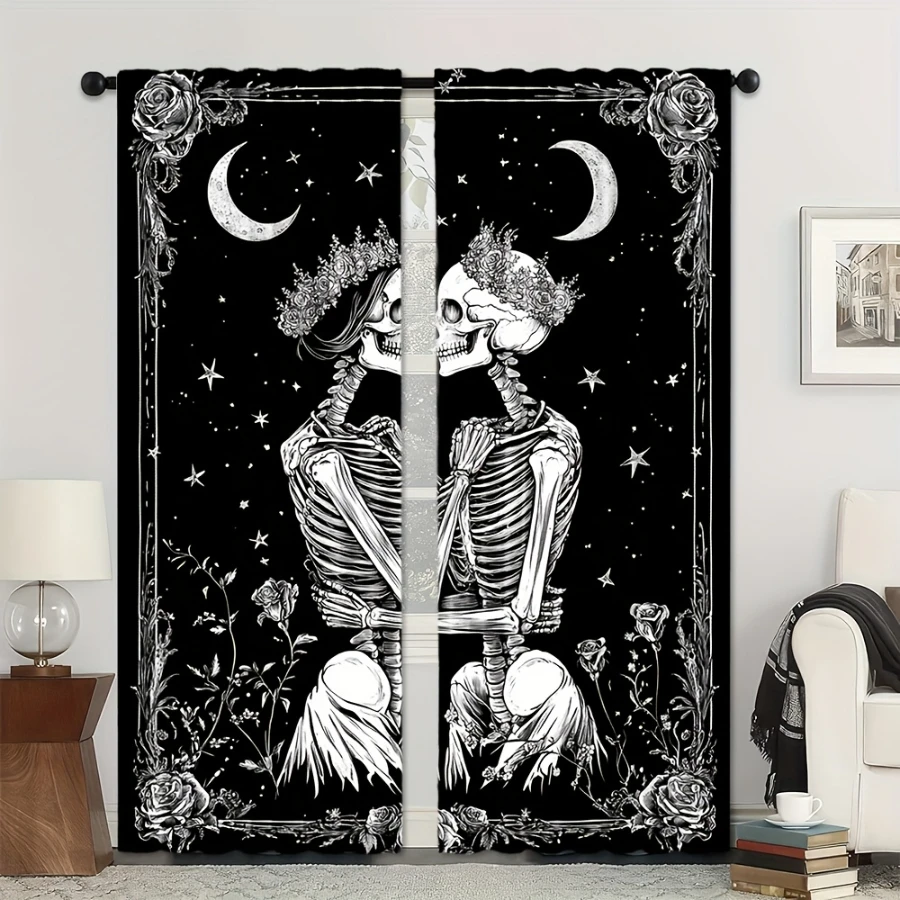 2PCS Digital Printed Curtains, Skeleton Lovers Crescent Moon Stars Roses, Gothic Tarot Romantic Halloween Window Decor Room