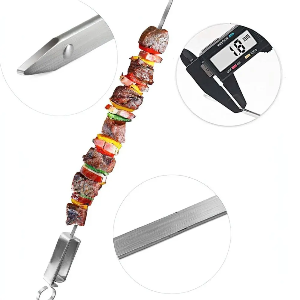 Reusable Flat Stainless Steel BBQ Skewers With Slider Pusher For Meat And Veggie Shish Kabob Outdoor Grilling Utensils