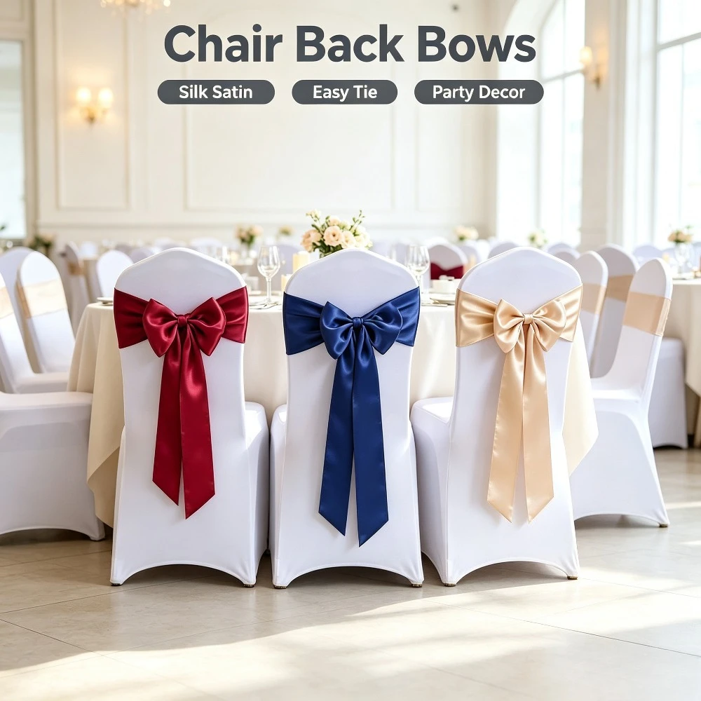 Wedding Supply Wholesale - ผ้าคลุมเก้าอี้ผ้าซาตินพร้อมโบว์ 50 ชิ้น สำหรับตกแต่งงานแต่งงาน งานเลี้ยง โรงแรม