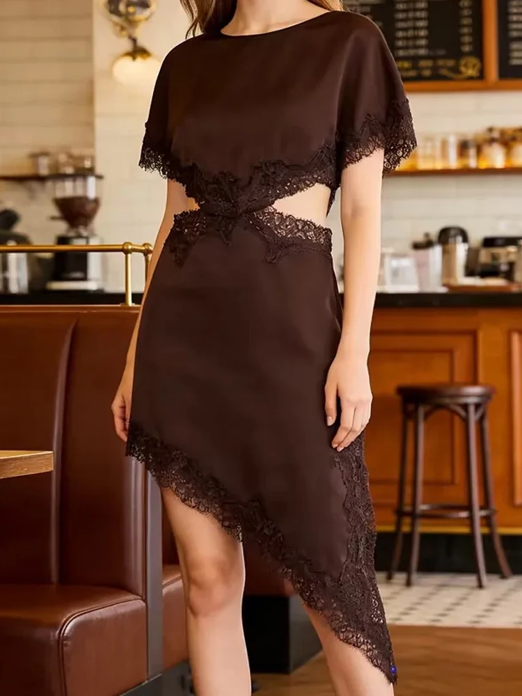 Elegant O-neck Short Sleeve Irregular Dress Women Sexy Lace Splicing Hollow Out Party Dress Fashion Hight Waist Satin Long Dress