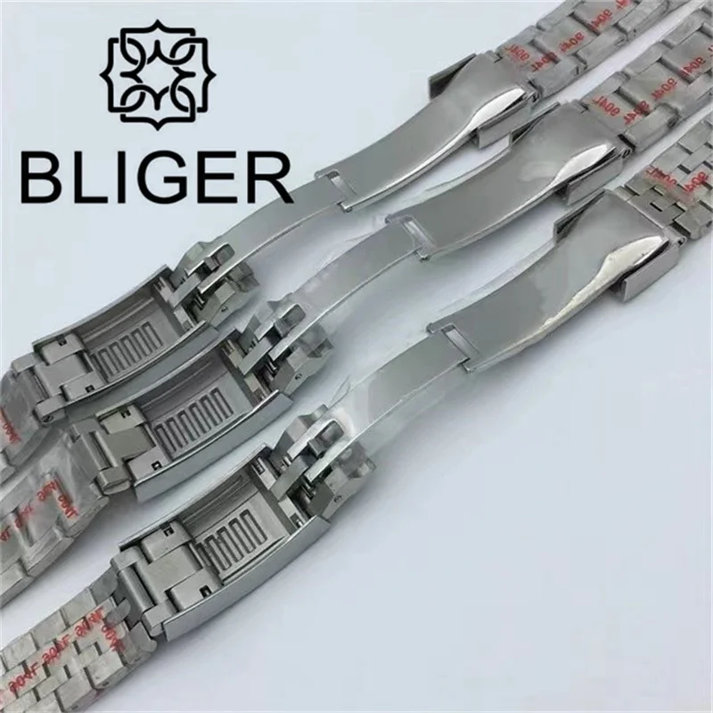 BLIGER 20mm Width Watch Band 904L Stainless Steel Slide Folding Buckle Polished Center Link/Brushed Oyster Jubilee Bracelet