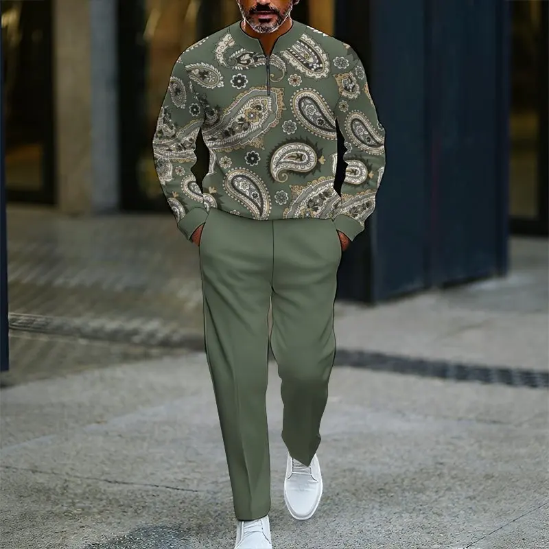 Herbst Winter Neuer Stil Herren Casual Sportanzug mit halbem Reißverschluss Stehkragen Kastanienblumenmuster für Freizeitaktivitäten