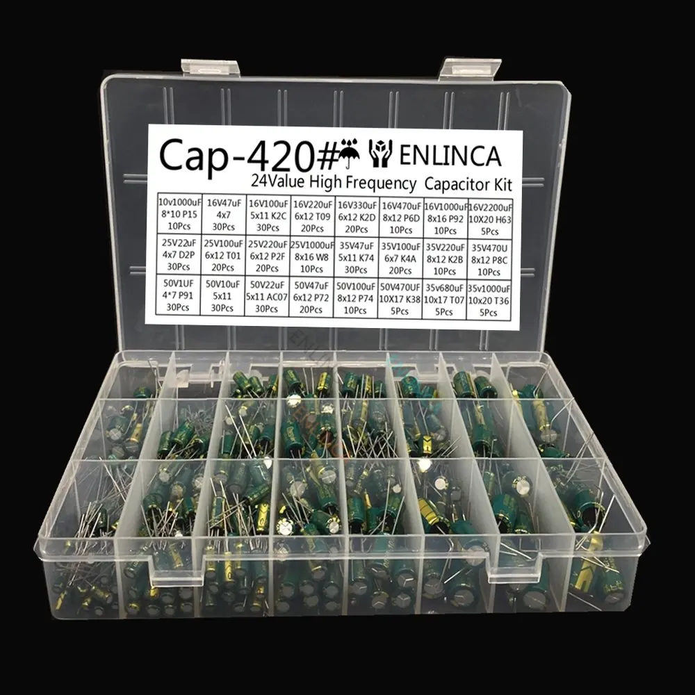 

24Values 420pcs High Frequency Capacitor Kit 16V 25v 35V 50V 22uf 0.22uf 220uf 1000uf 2200uf Aluminum Electrolytic Capacitor