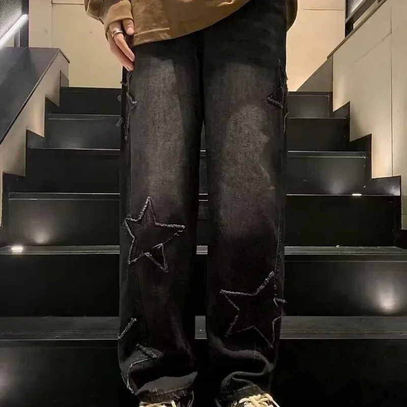 جينز مستقيم مطرز على شكل نجمة للرجال غير رسمي Y2K على الطراز القوطي للجنسين بنطال فضفاض واسع الساق مريح ملابس الشارع جينز أنيق للشباب #6