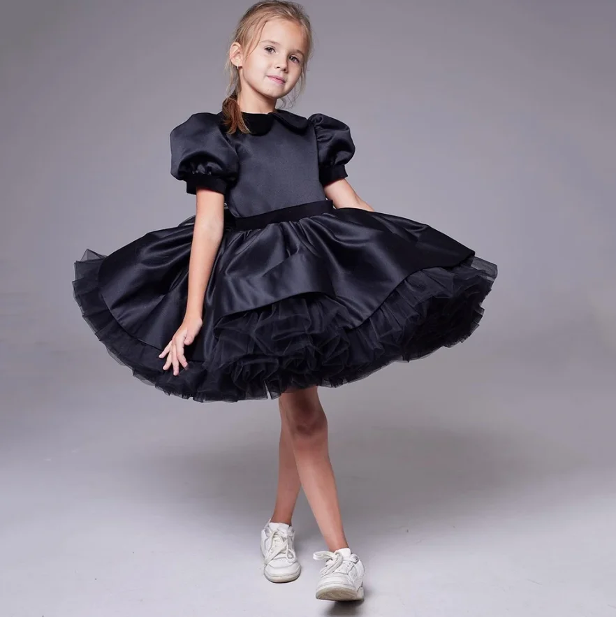 

New Black Girl's Party Dresses Puffy Short Sleeves Tutu Kids Birthday Gowns Prom Dress Child Flower Girl Dress