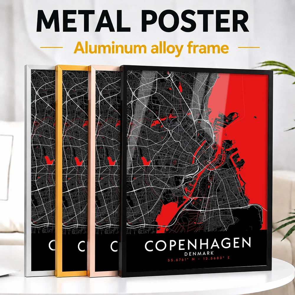 Copenhagen Dark Map Framed Metal Print Customized Photo Minimalist Linework Style Wall Art For Living Room Memorable City Gift