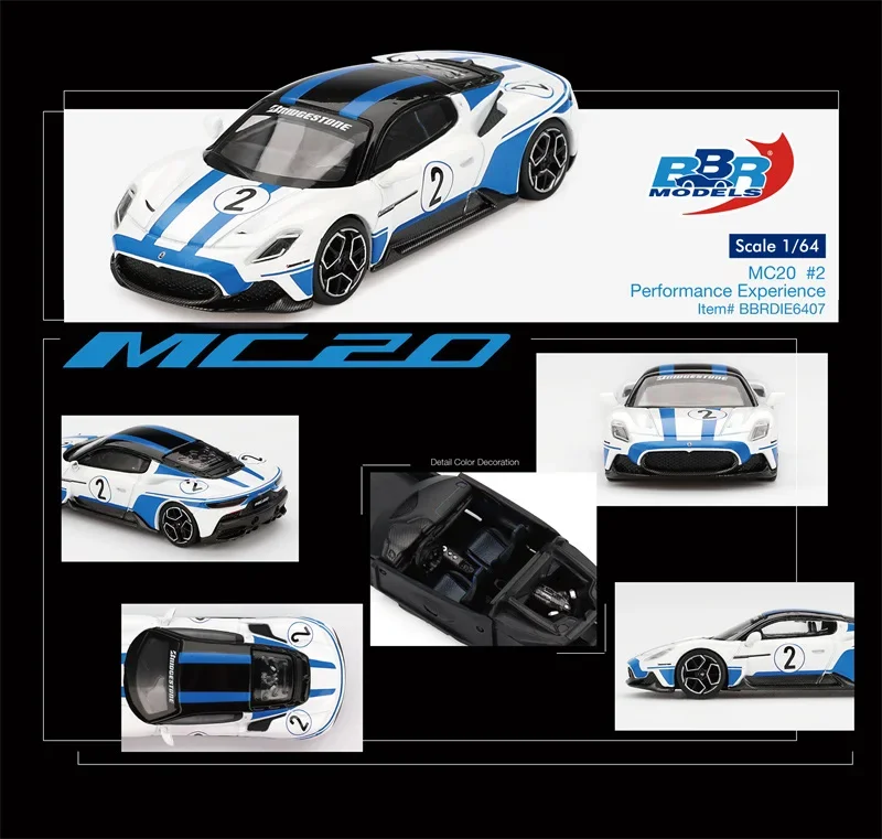 

BBR64 1:64 MC20 #2 Performance Experience White Blue stripe Diecast Model Car